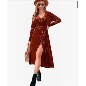 NEW Rust Ribbed Velvet Wrap Long Sleeve Belted Dress L
